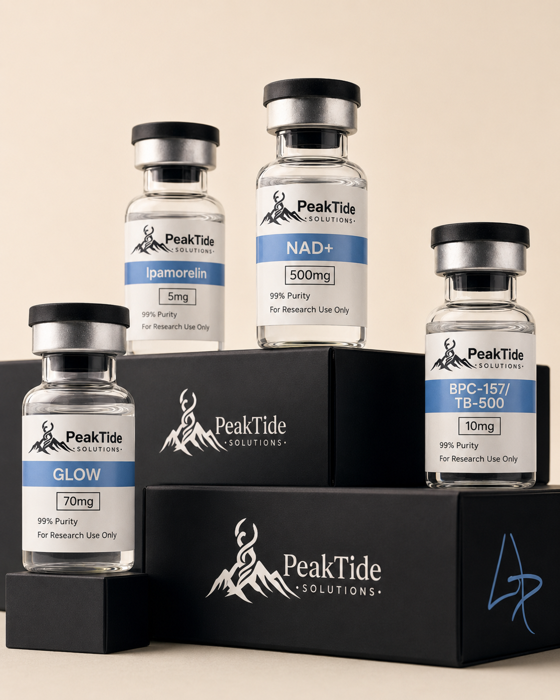 PeakTide Solutions research vials — Ipamorelin, NAD+, BPC-157/TB-500, and GLOW — displayed on branded black boxes